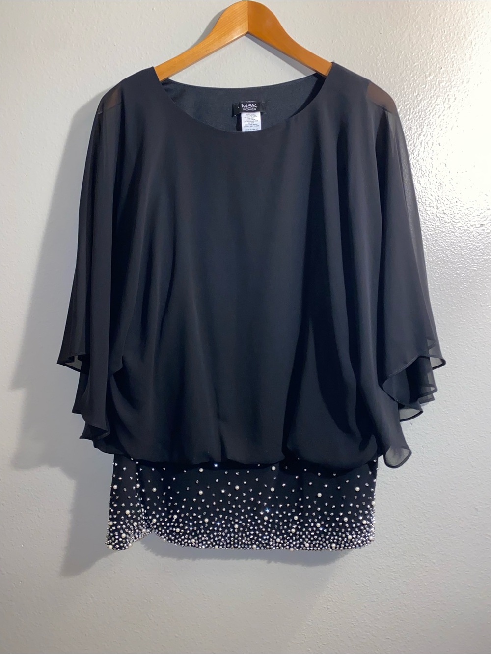 MSK Women Embellished Rhinestone Chiffon Blouson Cape Top Black Size 1X